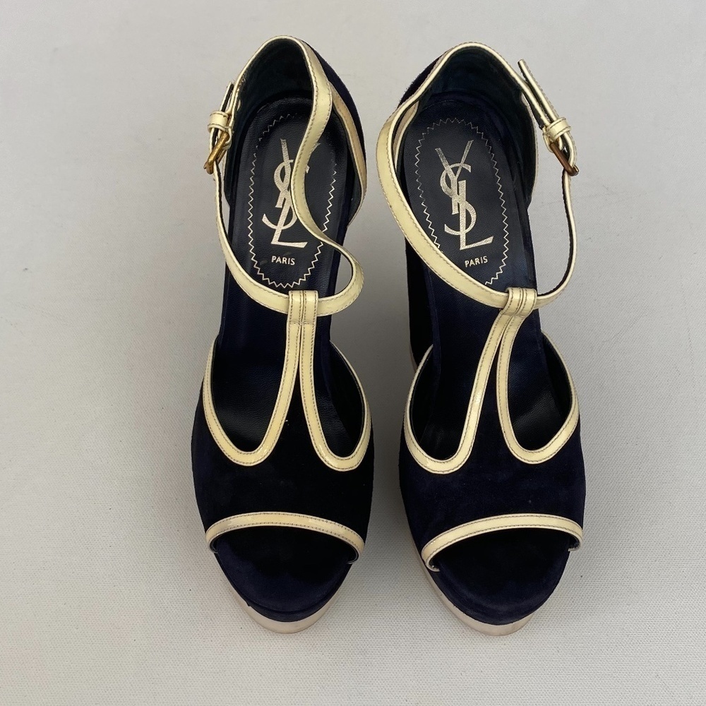 Yves Saint Laurent Navy Suede Wedges Size 36 - Picture 9 of 12